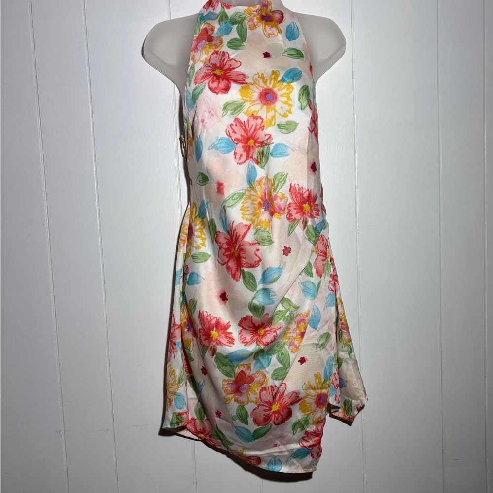 Angel Biba Floral Halter Mini Dress Multicolor Bright Satin Open Back Size L